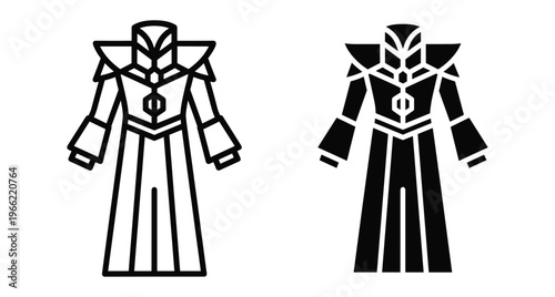 Futuristic fantasy armor robe icon set for gaming character design including outline and solid black silhouette styles for digital assets