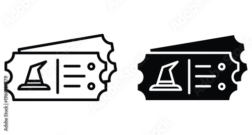 Halloween magic show tickets icon set with witch hat symbol for spooky event admission carnival party invitation and festive celebration