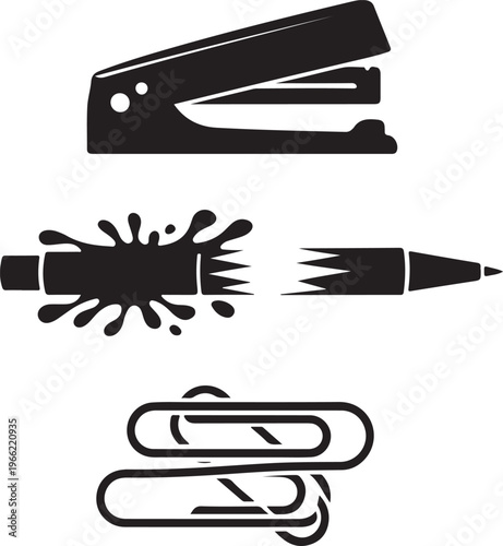 Office supply silhouettes including broken pen stapler and paperclips.
