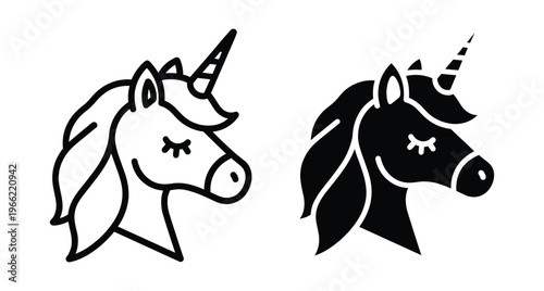 Unicorn head icon set featuring line art and solid silhouette styles of mythical horse with horn and closed eyes for creative design projects