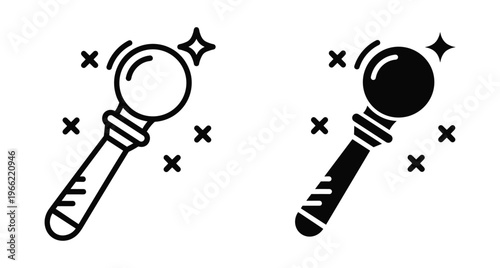 Magic wand icon set with sparkling stars featuring outline and solid black styles for fantasy gaming wizardry and mystical design