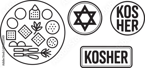 Set of kosher food symbols and star of david on transparent background.