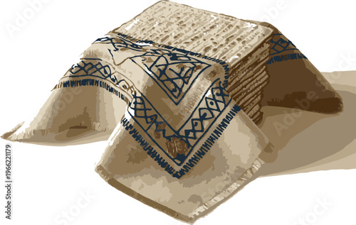 Stack of matzah bread with a decorated cloth on transparent background.