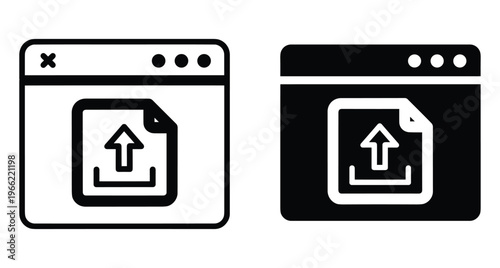 Browser window interface icons showing file upload document with arrow symbol for web application data transfer and cloud storage management