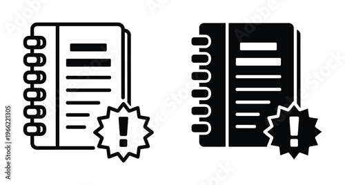 Notebook icon with exclamation mark alert symbol for important notes warning message document notification spiral binder report manual guide