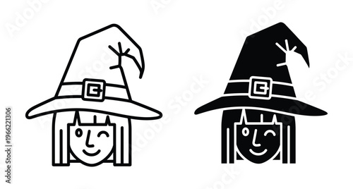 Witch head icon set with pointed hat and winking face in outline and solid black style for halloween design projects
