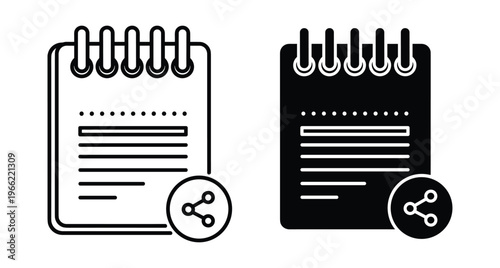 Notebook share icon set with spiral binding and document lines for digital note taking social media sharing and communication