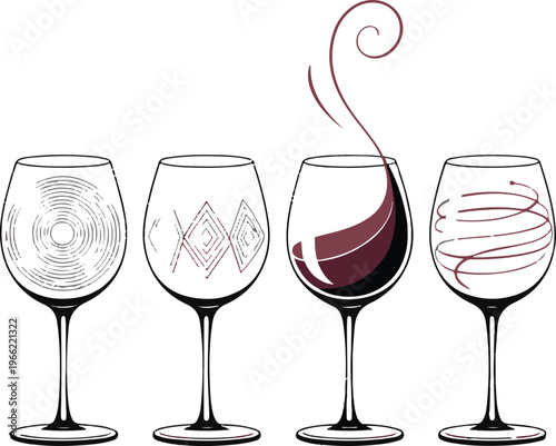 Four wine glass silhouettes with artistic red patterns for passover.
