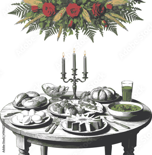 Abundant traditional feast table with floral arrangement and candles.