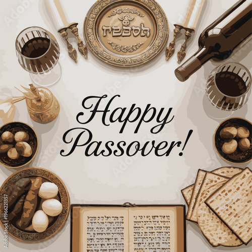 Traditional seder plate and holiday items on white festive tabletop.