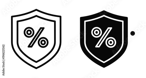 Shield icon with percentage symbol for insurance discount protection security savings offer promotion guarantee safety financial deal commerce marketing