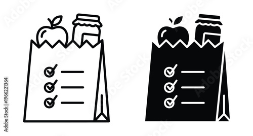 Grocery shopping bag icon set with apple jar and checklist for food delivery market retail store purchase and order list