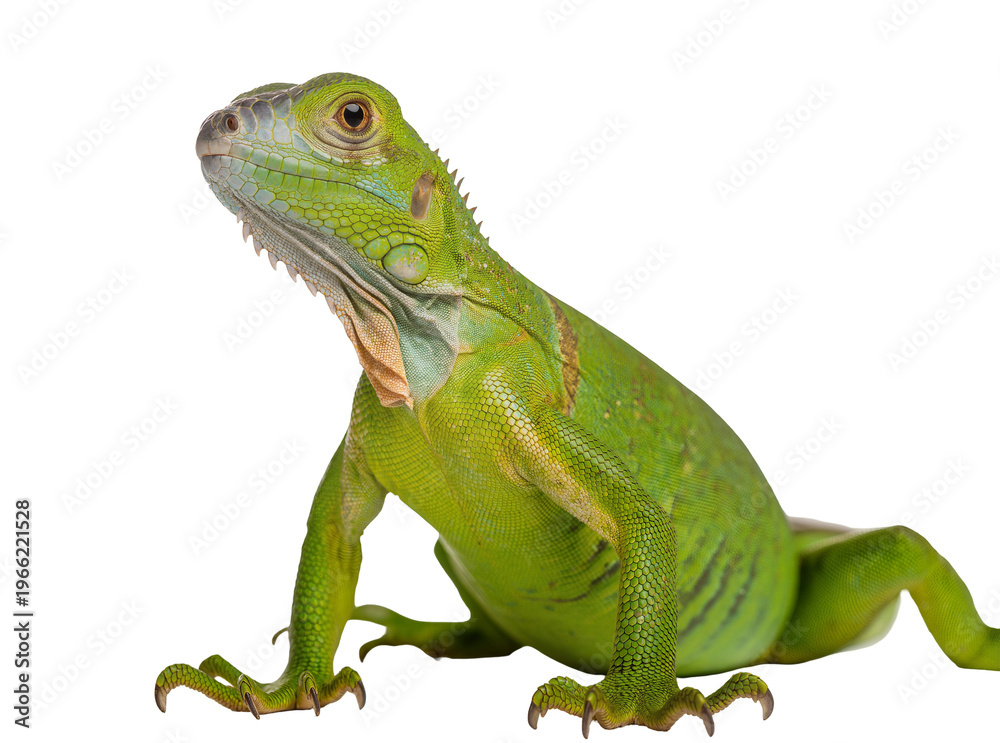 Fototapeta premium Isolated vibrant green iguana exotic reptile standing against a clean backdrop