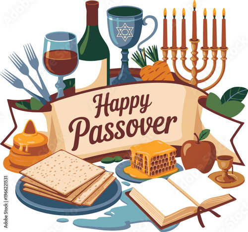 Happy passover illustration with traditional elements and festive spirit.