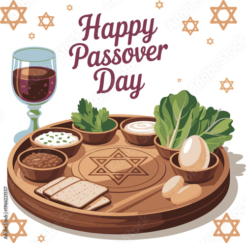 Happy Passover Day with Seder plate and wine.