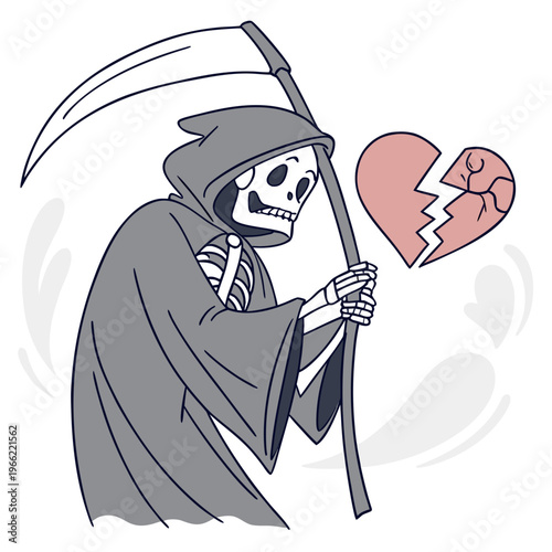 Skeleton wearing cloak with a cracked heart expressing deep emotional pain and heartbreak vector image.