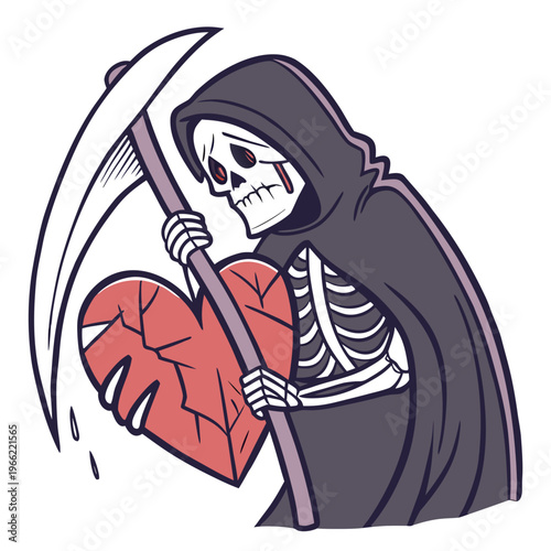 Skeleton wearing cloak with a cracked heart expressing deep emotional pain and heartbreak vector image.