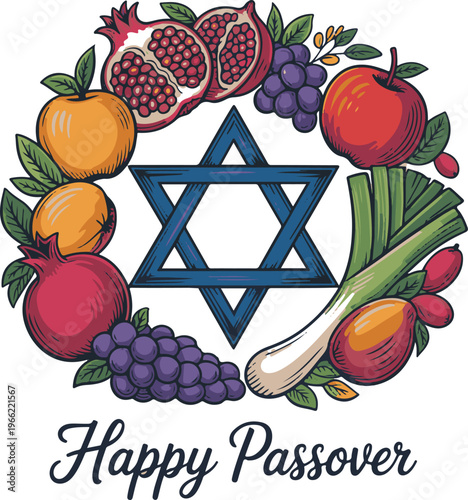 Happy Passover with Star of David and fruits.
