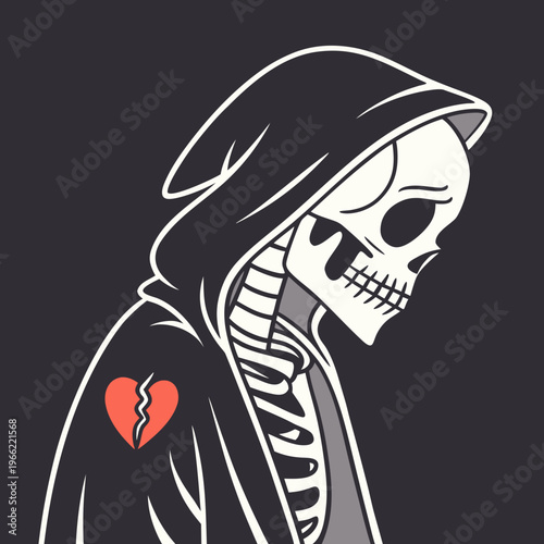 Skeleton cloaked in darkness, heart broken, symbolizing deep sorrow and emotional struggle vector image.