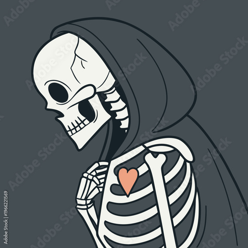 Skeleton cloaked in darkness, heart broken, symbolizing deep sorrow and emotional struggle vector image.