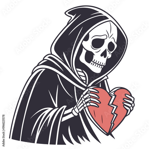 Skeleton wearing cloak with a cracked heart expressing deep emotional pain and heartbreak vector image.