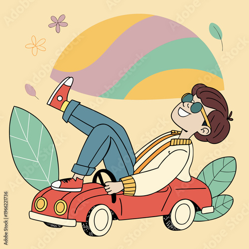 Cool boy chilling on his toy car relaxed stylish carefree playful joyful fun vibes Vector Image..