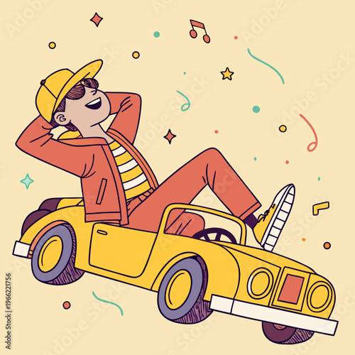 Cool boy chilling on his toy car relaxed stylish carefree playful joyful fun vibes Vector Image..