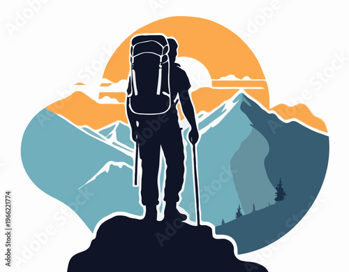 Silhouette of man hiker with backpack on the top of a mountain logo vector image isolated on white background.