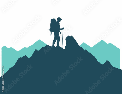 Silhouette of man hiker with backpack on the top of a mountain logo vector image isolated on white background.