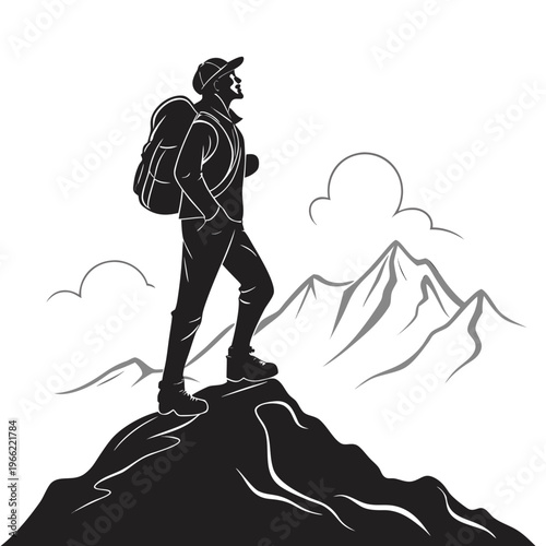 Silhouette of man hiker with backpack on the top of a mountain logo vector image isolated on white background.