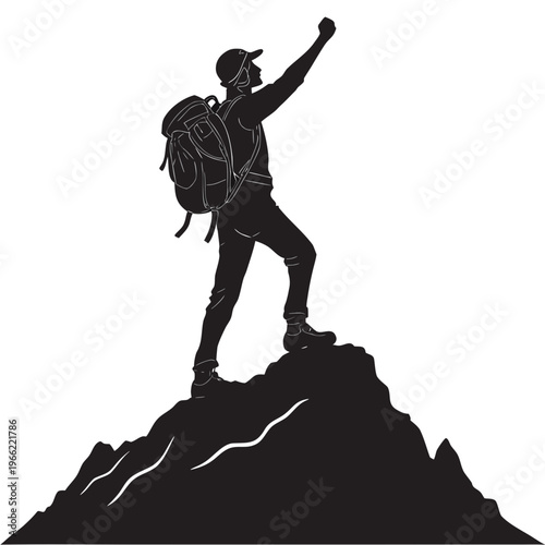 Silhouette of man hiker with backpack on the top of a mountain logo vector image isolated on white background.