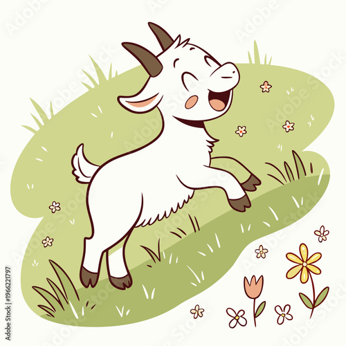 Cheerful and Playful Baby Goat Happily Jumping Around with Joy and Excitement in the Field image vector.