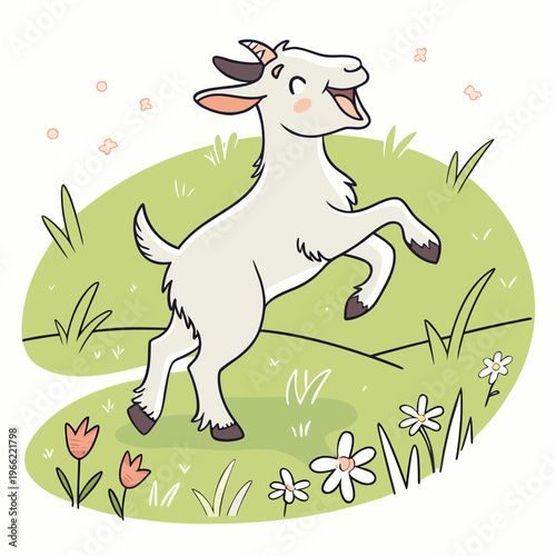 Cheerful and Playful Baby Goat Happily Jumping Around with Joy and Excitement in the Field image vector.