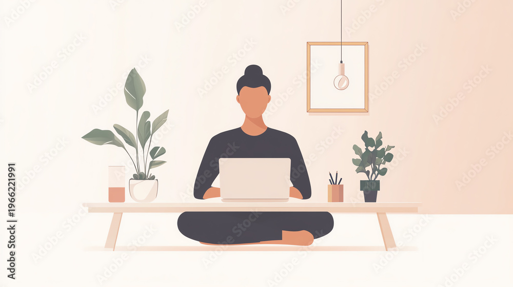 Fototapeta premium A serene workspace with a person meditating while using a laptop, surrounded by indoor plants and minimal decor.