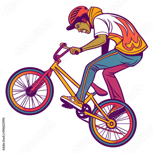 Young Man Performing Stunts on a BMX Bike with Energy and Passion vector image isolated on white background.