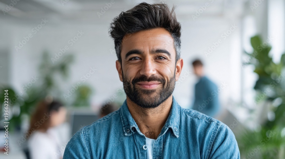 Obraz premium Smiling man with beard in a denim shirt looks directly at the camera in an office setting