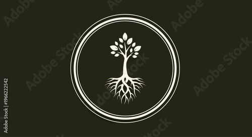 Stylized Tree with Roots in a Circular Frame.