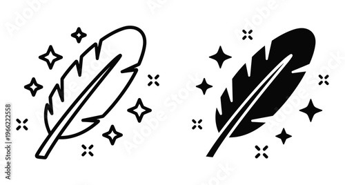 feather icon set with magic sparkles and stars in outline and solid black silhouette style for writing and soft design