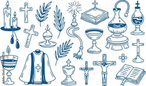 Christianity religious elements collection set in line art drawing.