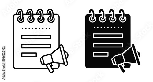 Notebook with megaphone icon set representing content marketing strategy announcement advertising news promotion blog post update and digital communication tools