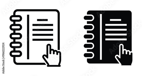 Spiral notebook icon set with hand pointing finger for digital planner diary notes document selection interface design elements black white