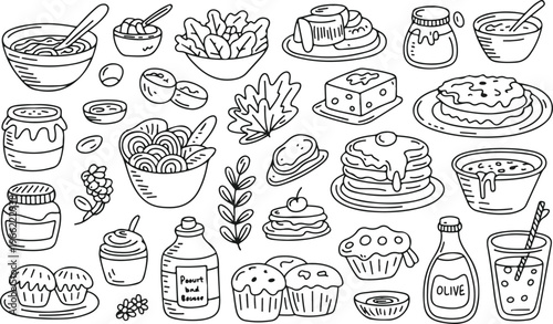 Delicious food and desserts hand drawn doodle collection for menu.