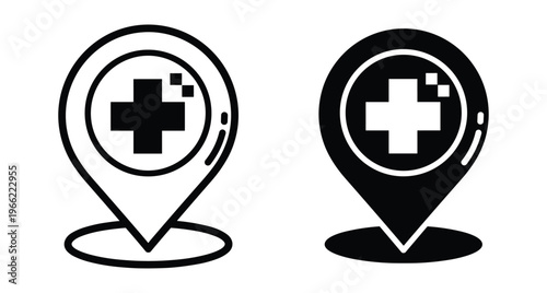 Medical hospital location map pin icon set with cross symbol for clinic pharmacy healthcare emergency services navigation and gps tracking