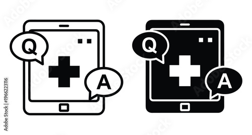 Tablet screen displaying medical cross with question and answer speech bubbles for online healthcare consultation digital support and telemedicine services