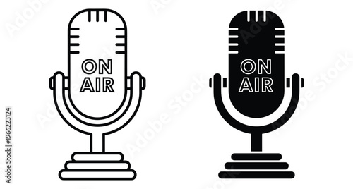 Retro studio microphone icon set with on air text for podcast radio broadcast recording and live streaming media production