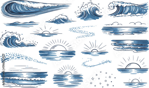 Abstract illustration of ocean waves and sun rising over water surface.