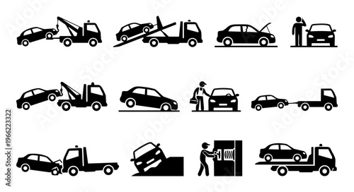 Car Breakdown and Towing Service Silhouette Icon Set – Roadside Assistance, Tow Truck, Car Repair, Accident and Recovery Icons