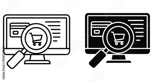 Online shopping search icon set featuring computer monitor magnifying glass shopping cart credit card for e commerce web design interface elements