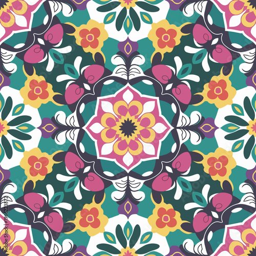 vector illustration hires Collection of High-Resolution Abstract Seamless ornament Patterns with Diverse Designs and Textures Mediterranean Tile Pattern with Colorful Floral Mandalas and Geometric