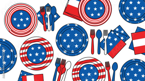Assortment of American themed dinner plates and napkins are scattered across a white background.